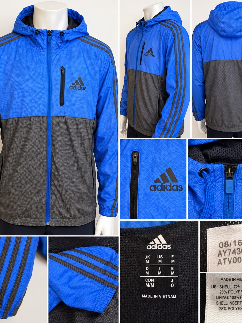 Adidas Men’s M Hooded Running Windbreaker Jacket Blue Gray 3 Stripe AY7436